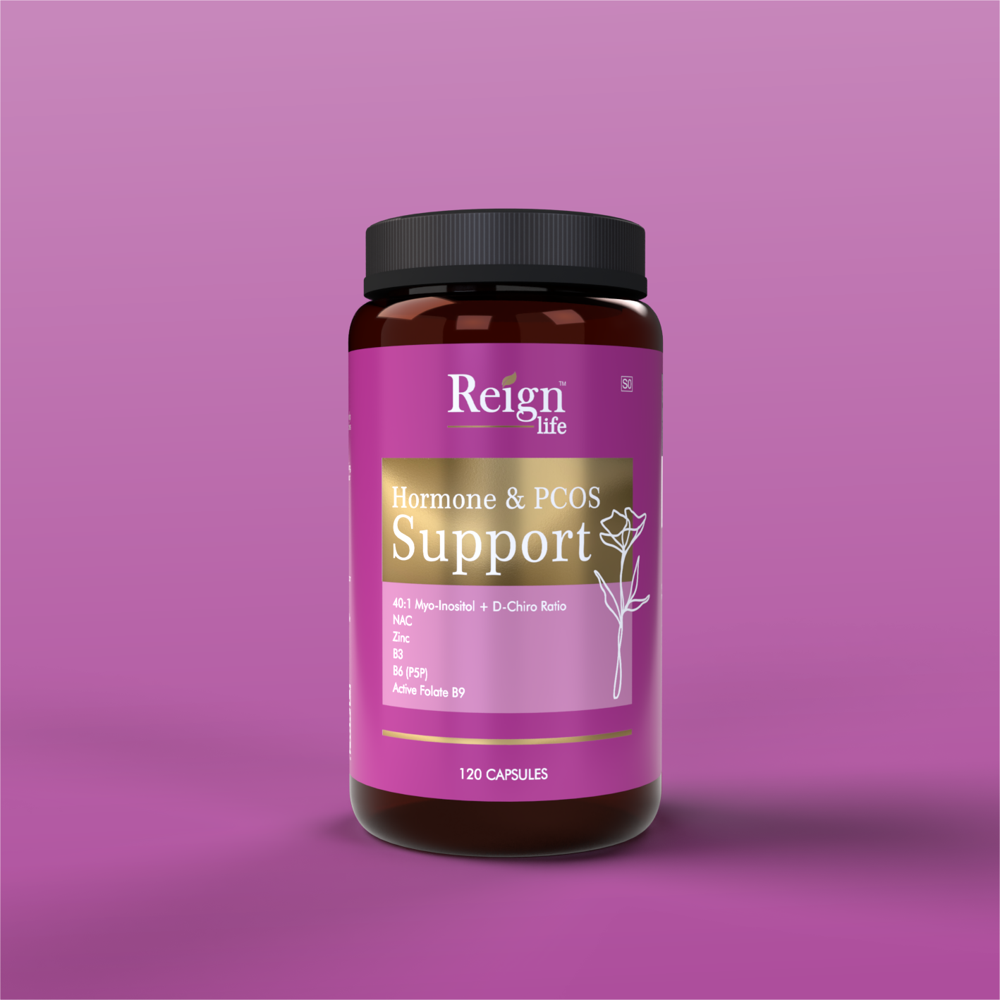 Reign Life Hormone and PCOS Support bottle on raspberry background lifestyle shot