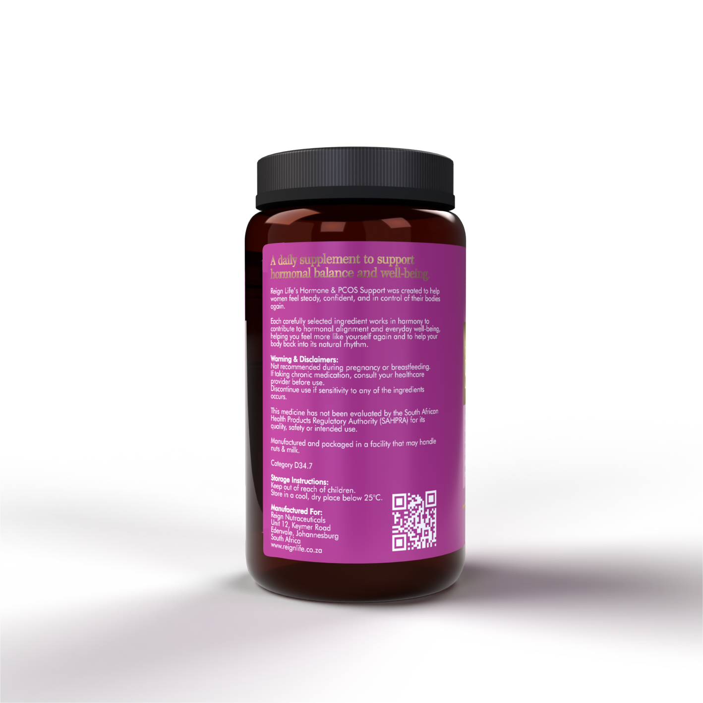 Reign Life Hormone and PCOS Support back label with founder note and directions